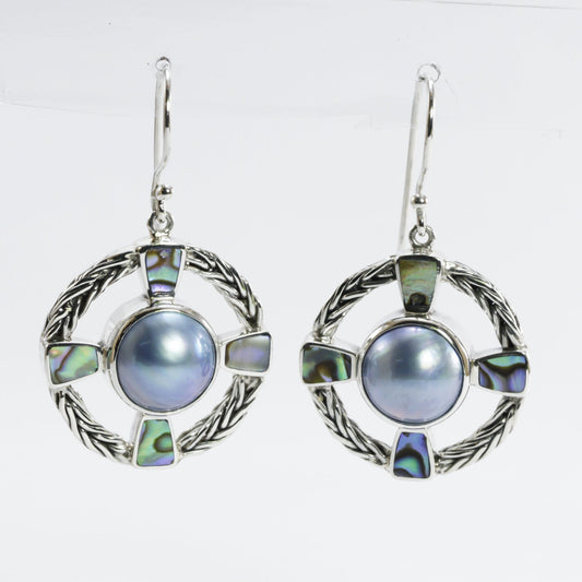 compass earrings 925 sterling silver with blue mabe pearl and paua shell