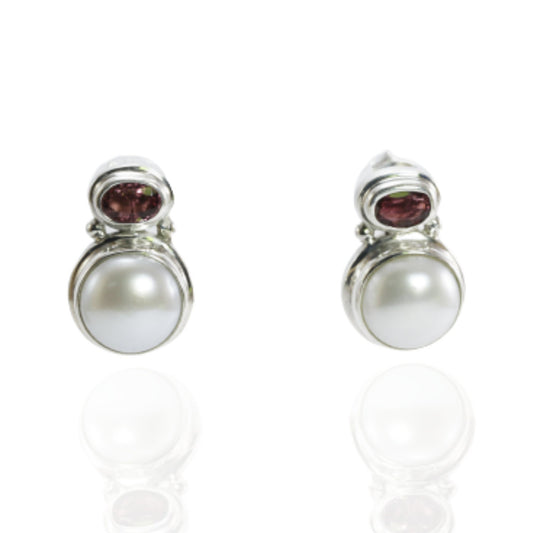 fresh water pearl earrings stud 925 sterling silver with genuine pink tourmaline