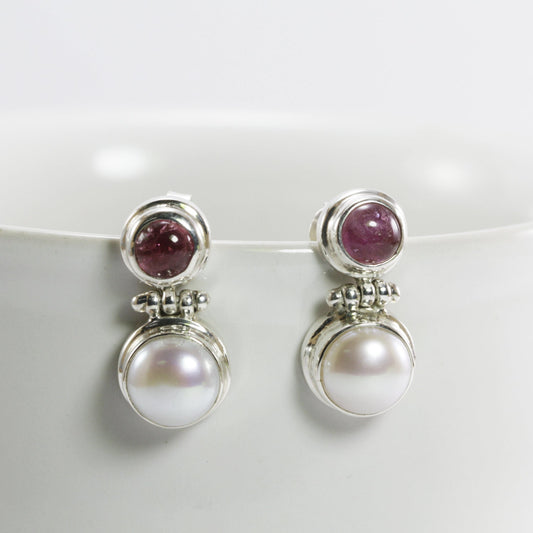freshwater pearl earrings stud 925 sterling silver with genuine pink tourmaline