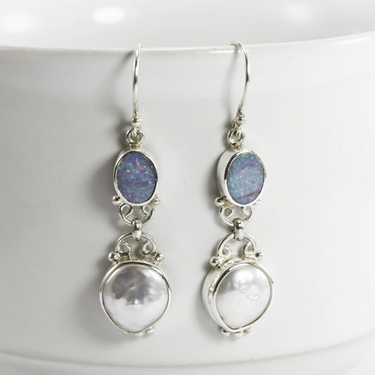dangle drop earrings with genuine opal and fresh water baroque pearl set in 925 sterling silver