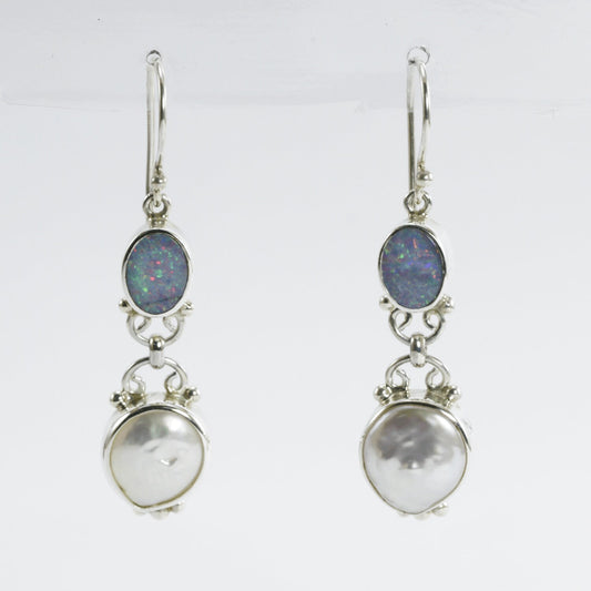 dangle drop earrings with genuine opal and fresh water baroque pearl set in 925 sterling silver