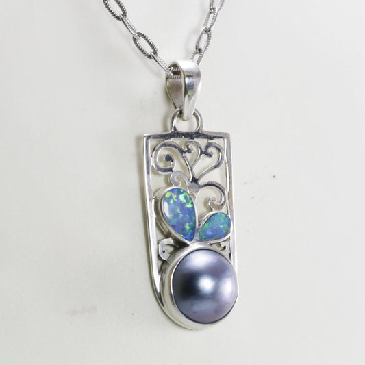 blue mabe pearl pendant necklace 925 sterling silver decorated with the opal and ornament art