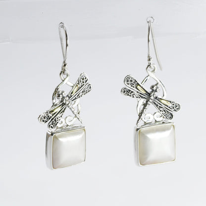 square pearl earrings set in 925 sterling silver decorated with two tone dragonfly ornament 18 K gold