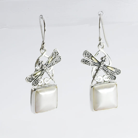 square pearl earrings set in 925 sterling silver decorated with two tone dragonfly ornament 18 K gold