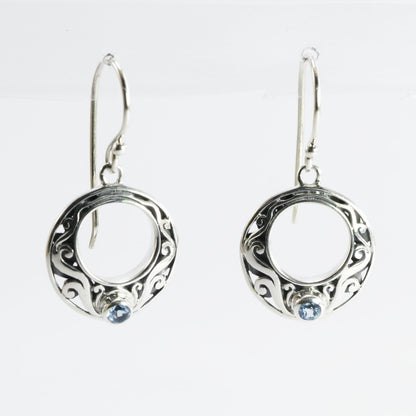 circle earrings with genuine swiss blue topaz set in 925 sterling silver decorated with Bali swirl filigree ornament