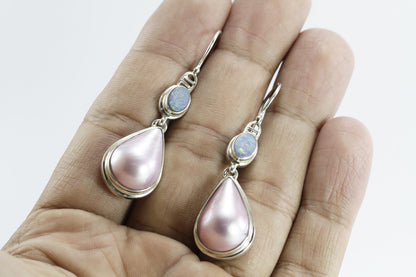 pink mabe pearl earrings 925 sterling silver with genuine opal, teardrop pearl earrings