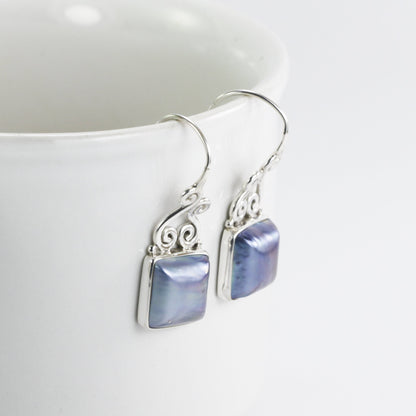 Square Pearl Earrings 925 sterling silver decorated with swirl filigree wire hoop, blue mabe earrings for women