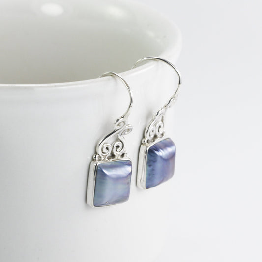 Square Pearl Earrings 925 sterling silver decorated with swirl filigree wire hoop, blue mabe earrings for women