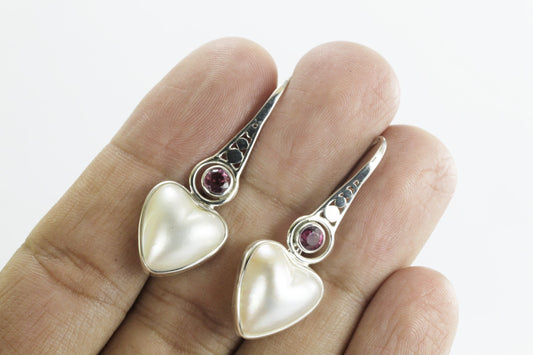 mabe pearl earrings heart shape set in 925 sterling silver with genuine pink tourmaline