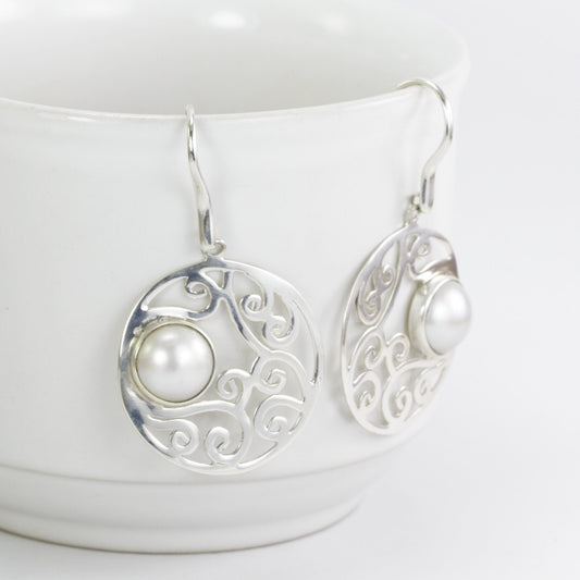 mabe pearl earrings 925 sterling silver dangle with open work filigree bezel set