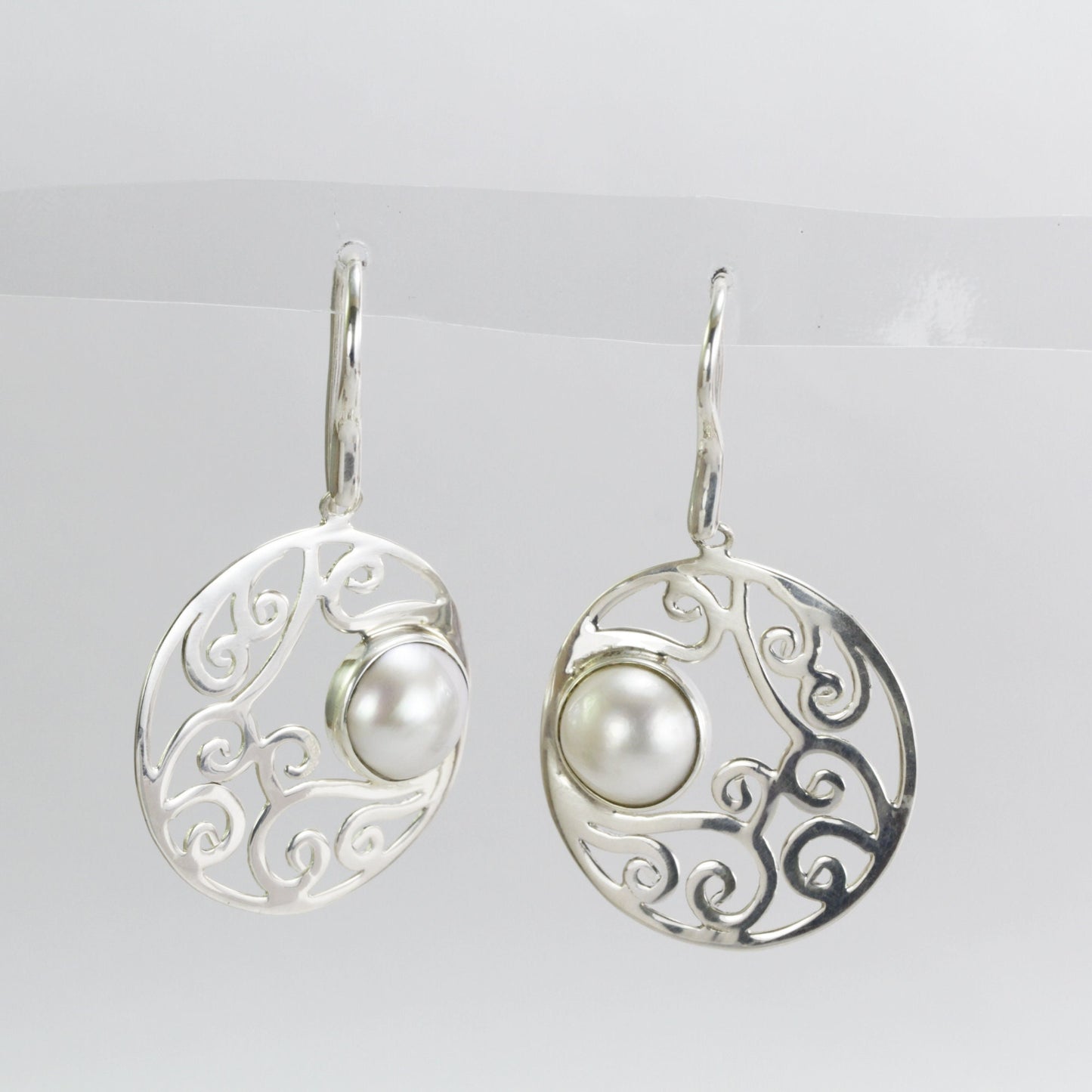 mabe pearl earrings 925 sterling silver dangle with open work filigree bezel set