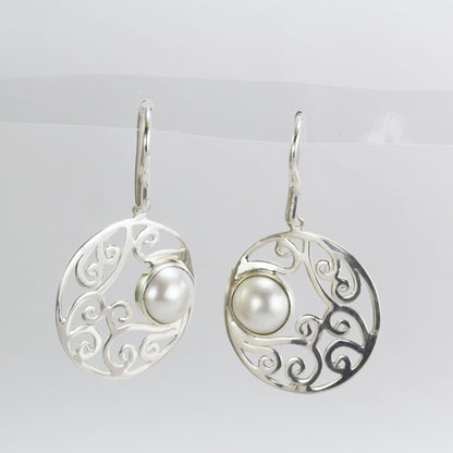 mabe pearl earrings 925 sterling silver dangle with open work filigree bezel set