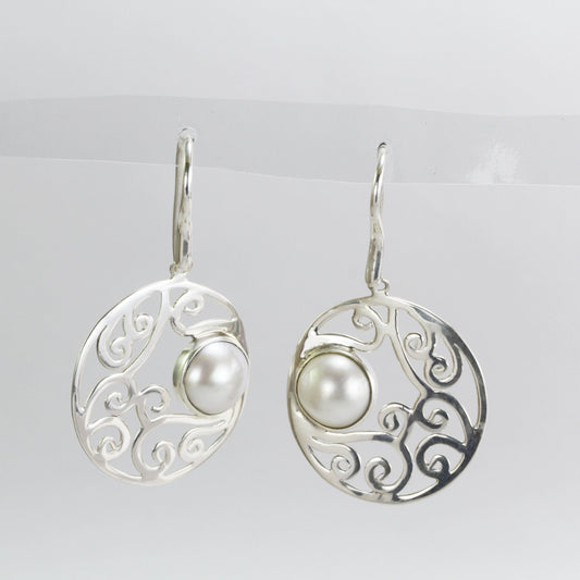mabe pearl earrings 925 sterling silver dangle with open work filigree bezel set