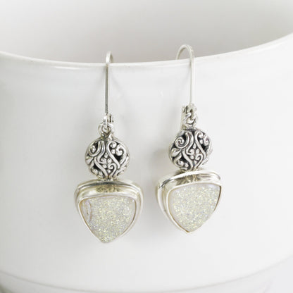 Druzy Earrings dangle set in 925 sterling silver leverback closure decorated with filigree art
