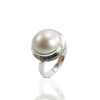 Genuine Round mabe pearl ring set in 925 sterling silver caviar dot carving