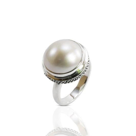 Genuine Round mabe pearl ring set in 925 sterling silver caviar dot carving