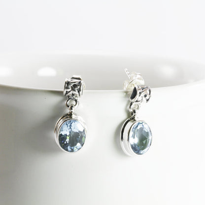 Blue topaz earrings stud dangle set in 925 sterling silver decorated with rice pattern carving