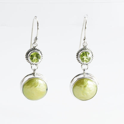green peridot earrings set in 925 sterling silver with green baroque pearl