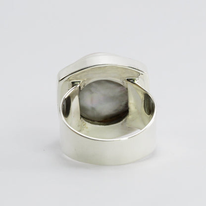 Rare round Golden mabe pearl 16 mm set in 925 sterling silver ring, handmade wide band ring with gold mabe pearl