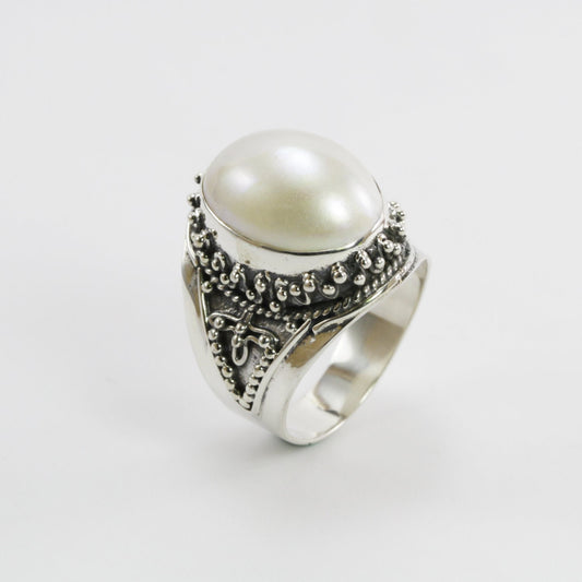 oval mabe pearl ring 925 sterling silver decorated with filigree ornament art
