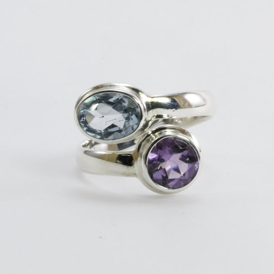 bypass ring with round blue topaz and amethyst bezel set in 925 sterling silver, adjustable promise ring