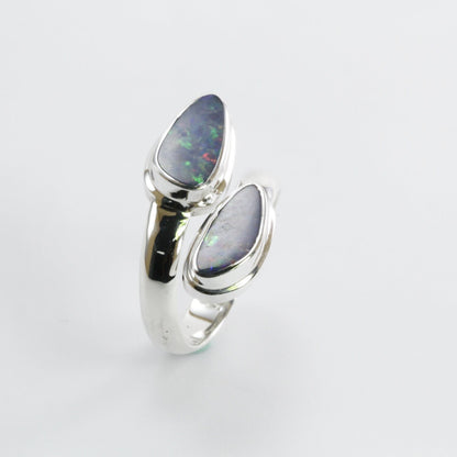 bypass ring with genuine blue opal set in 925 sterling silver, opal ring