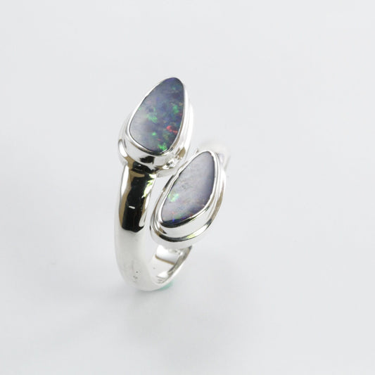bypass ring with genuine blue opal set in 925 sterling silver, opal ring