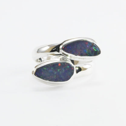 bypass ring with genuine blue opal set in 925 sterling silver, opal ring