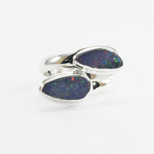 bypass ring with genuine blue opal set in 925 sterling silver, opal ring