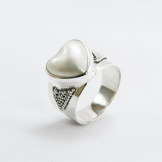 Handmade wide band ring design 925 sterling silver with genuine heart shape cultured white mabe pearl, white mabe pearl ring,