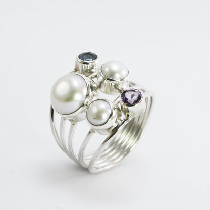multi stone ring with amethyst, blue topaz, fresh water pearl set in 925 sterling silver handmade split shank style