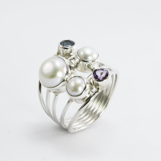 multi stone ring with amethyst, blue topaz, fresh water pearl set in 925 sterling silver handmade split shank style