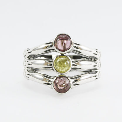 Three stones ring with 5mm multi color tourmaline set in handmade 925 sterling silver