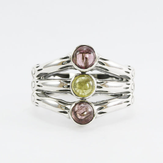 Three stones ring with 5mm multi color tourmaline set in handmade 925 sterling silver