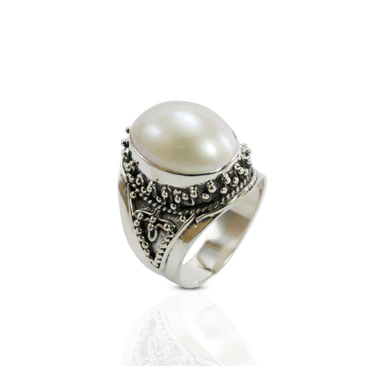 oval mabe pearl ring 925 sterling silver decorated with filigree ornament art