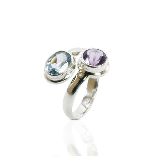 bypass ring with round blue topaz and amethyst bezel set in 925 sterling silver, adjustable promise ring