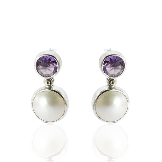 amethyst earrings stud 925 sterling silver with white mabe pearl dangle