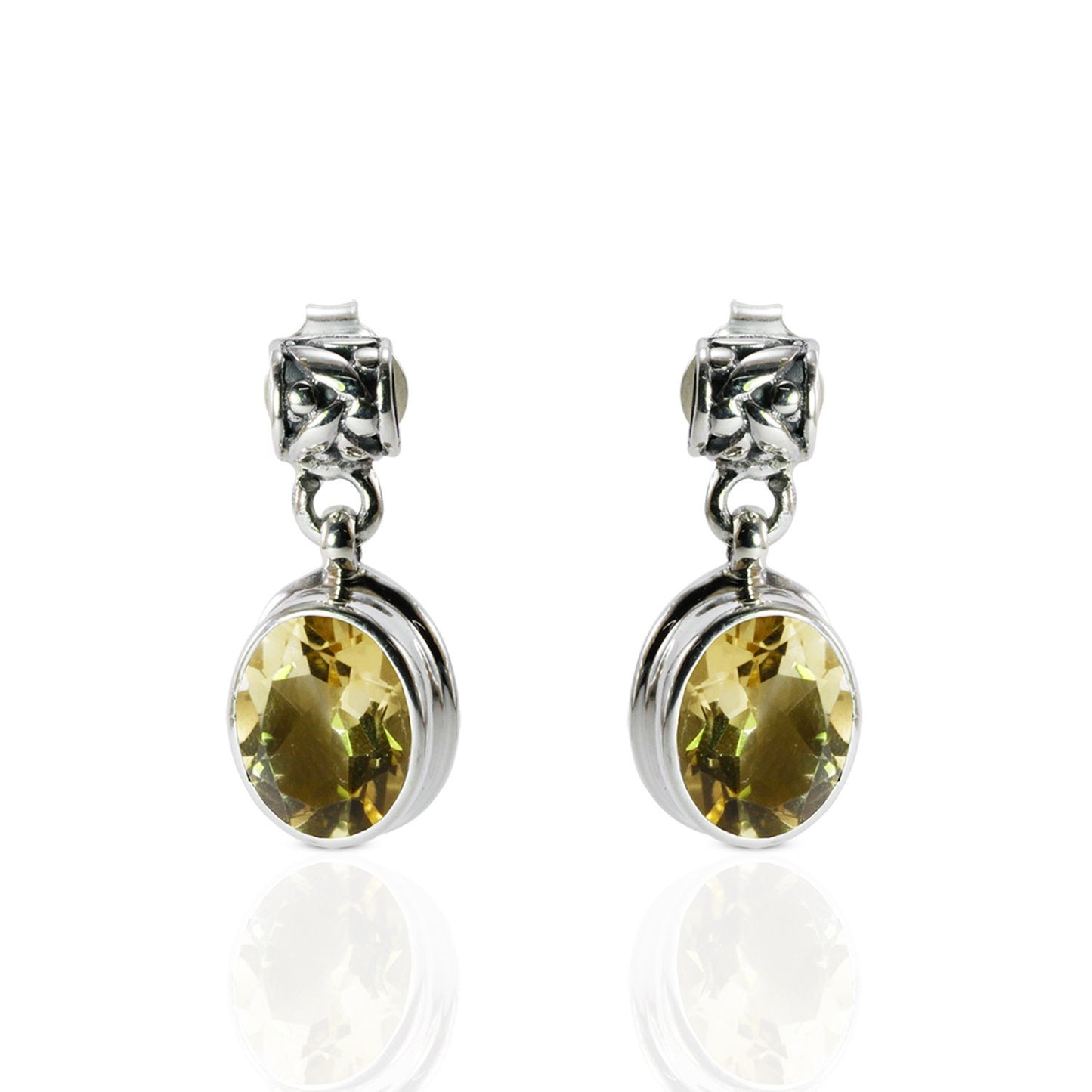 Blue topaz earrings stud dangle set in 925 sterling silver decorated with rice pattern carving