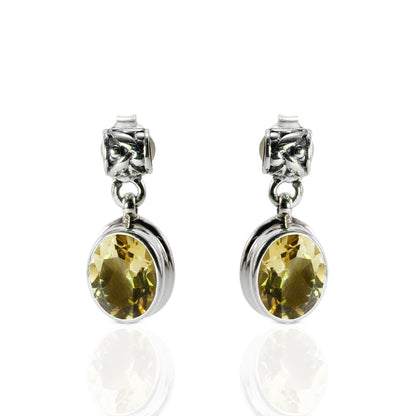 Blue topaz earrings stud dangle set in 925 sterling silver decorated with rice pattern carving