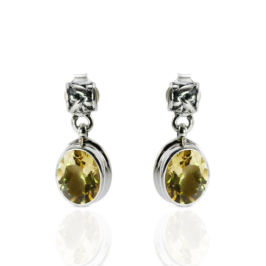 Blue topaz earrings stud dangle set in 925 sterling silver decorated with rice pattern carving
