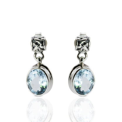 Blue topaz earrings stud dangle set in 925 sterling silver decorated with rice pattern carving