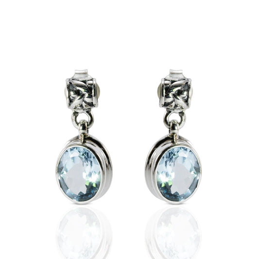 Blue topaz earrings stud dangle set in 925 sterling silver decorated with rice pattern carving