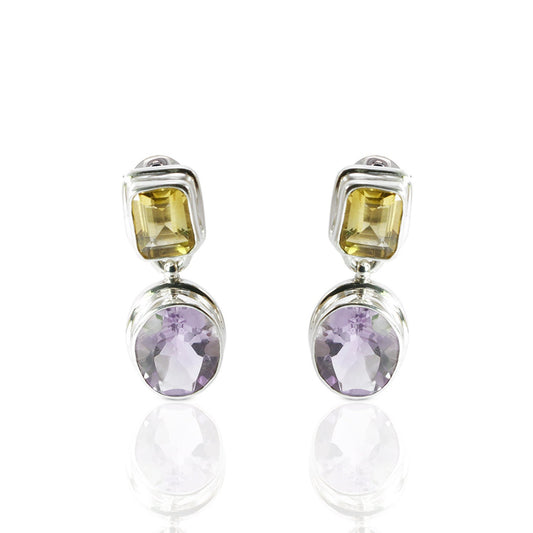 two stone earrings stud set in 925 sterling silver, amethyst stud and citrine
