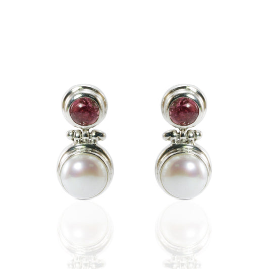 freshwater pearl earrings stud 925 sterling silver with genuine pink tourmaline