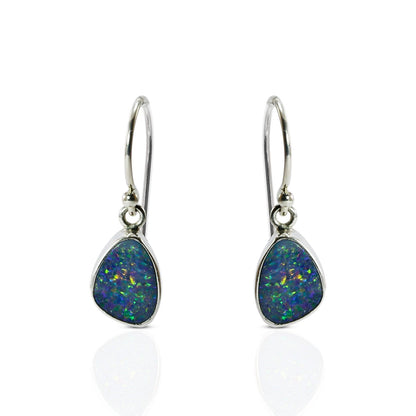 Australian opal dangle earrings bezel set in 925 sterling silver, blue fire opal earrings