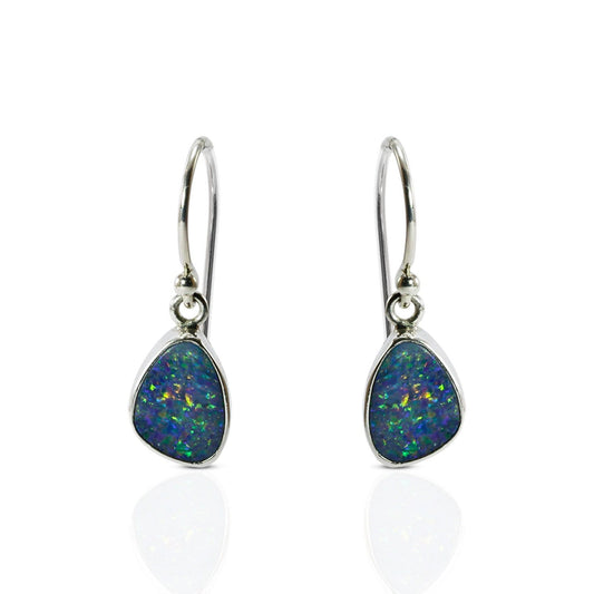 Australian opal dangle earrings bezel set in 925 sterling silver, blue fire opal earrings