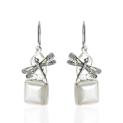 square pearl earrings set in 925 sterling silver decorated with two tone dragonfly ornament 18 K gold