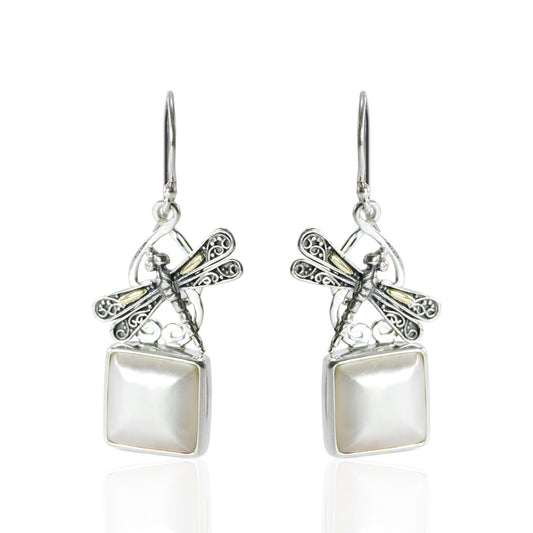 square pearl earrings set in 925 sterling silver decorated with two tone dragonfly ornament 18 K gold