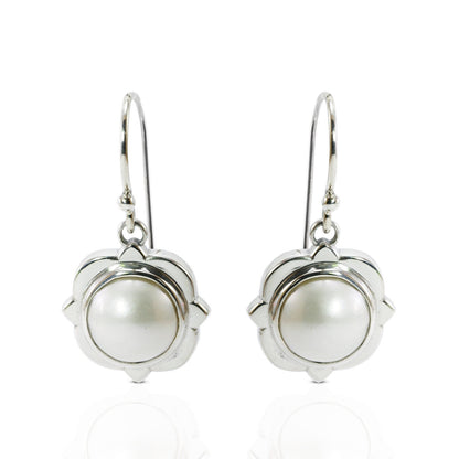natural round 12mm white mabe pearl set in 925 sterling silver earrings with flower style, handmade earrings with white pearl