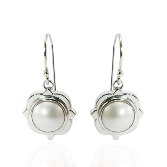 natural round 12mm white mabe pearl set in 925 sterling silver earrings with flower style, handmade earrings with white pearl